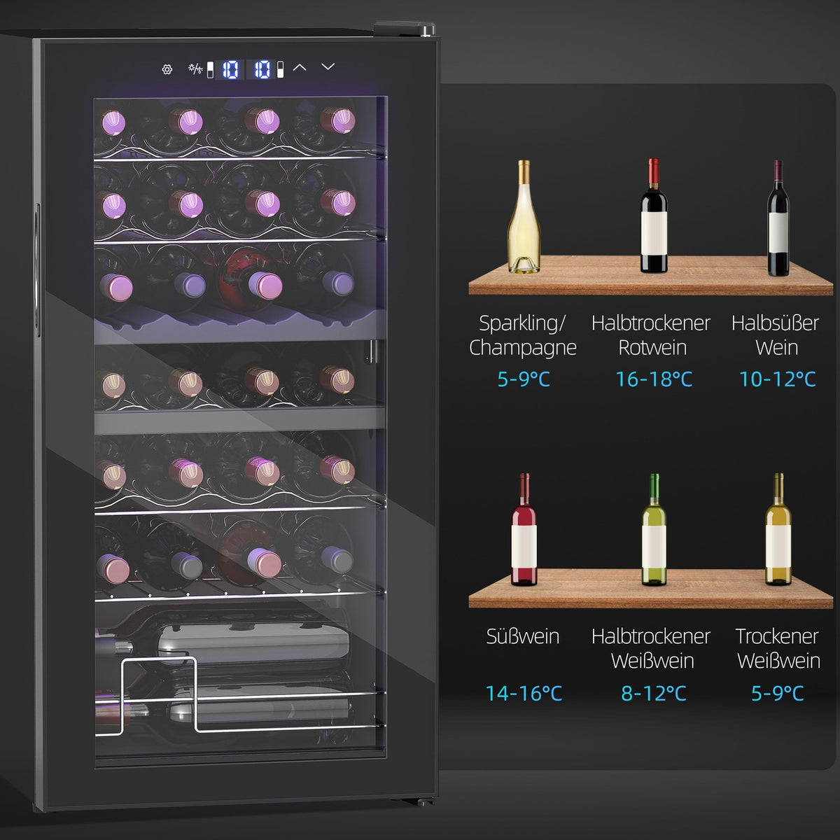 Wine Fridge 2 Zones 28 Bottles 74L 5-18℃ Compressor Drinks Fridge with LED Light, Anti-UV Glass Door, Small Wine Cabinet Bottle Fridge with Touch Screen Black
