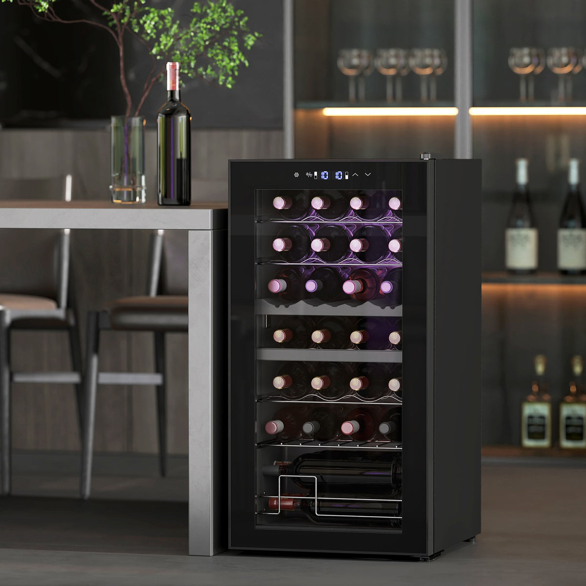 Wine Fridge 2 Zones 28 Bottles 74L 5-18℃ Compressor Drinks Fridge with LED Light, Anti-UV Glass Door, Small Wine Cabinet Bottle Fridge with Touch Screen Black
