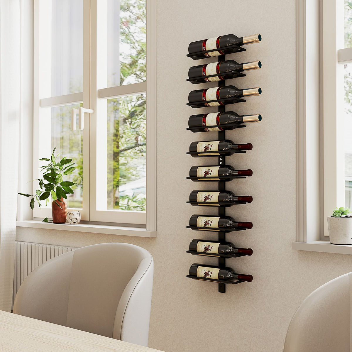 Wine Rack Bottle Rack for 10 Wine Bottles, Wall Mounted Bottle Holder Steel Storage Rack, Wine Bottle Rack for Kitchen, Dining Room Black