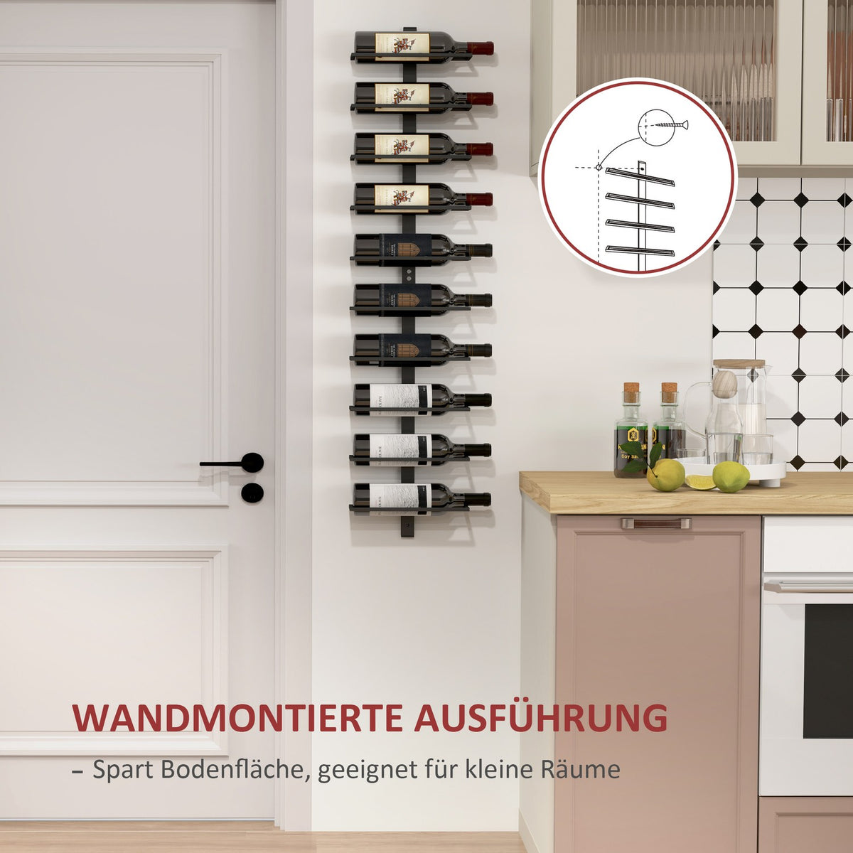 Wine Rack Bottle Rack for 10 Wine Bottles, Wall Mounted Bottle Holder Steel Storage Rack, Wine Bottle Rack for Kitchen, Dining Room Black