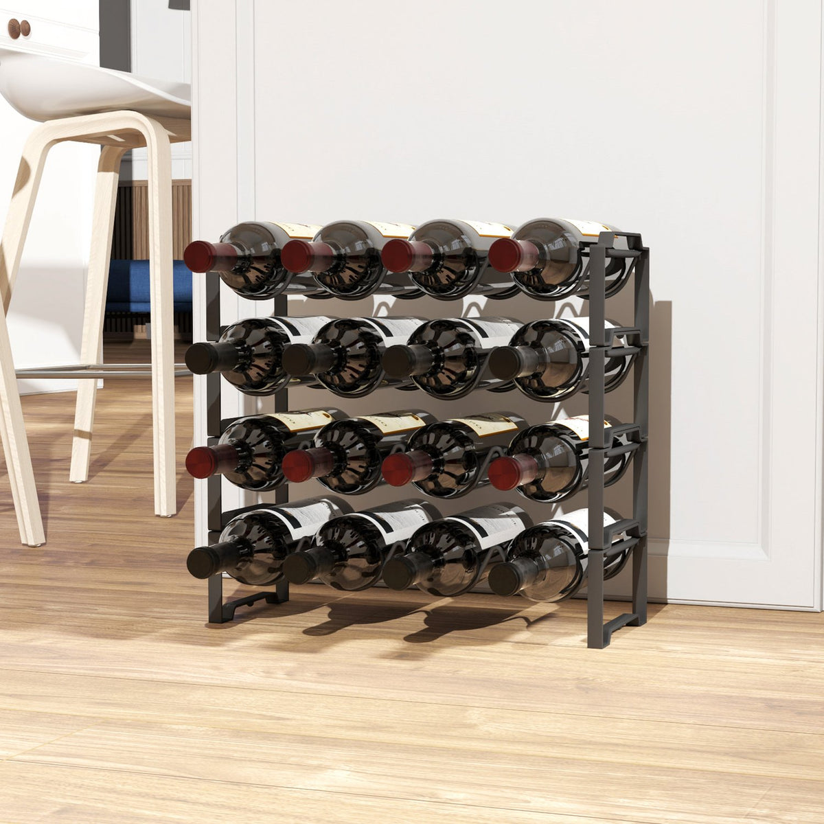 Wine Rack Bottle Rack for 16 Wine Bottles, Bottle Holder Storage Rack Made of Metal, Wine Bottle Rack for Kitchen, Dining Room Black