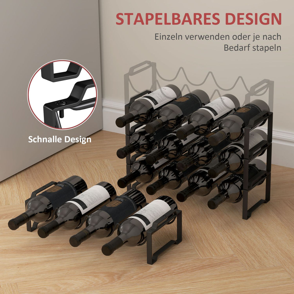 Wine Rack Bottle Rack for 16 Wine Bottles, Bottle Holder Storage Rack Made of Metal, Wine Bottle Rack for Kitchen, Dining Room Black
