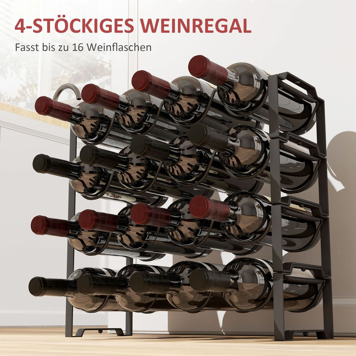 Wine Rack Bottle Rack for 16 Wine Bottles, Bottle Holder Storage Rack Made of Metal, Wine Bottle Rack for Kitchen, Dining Room Black