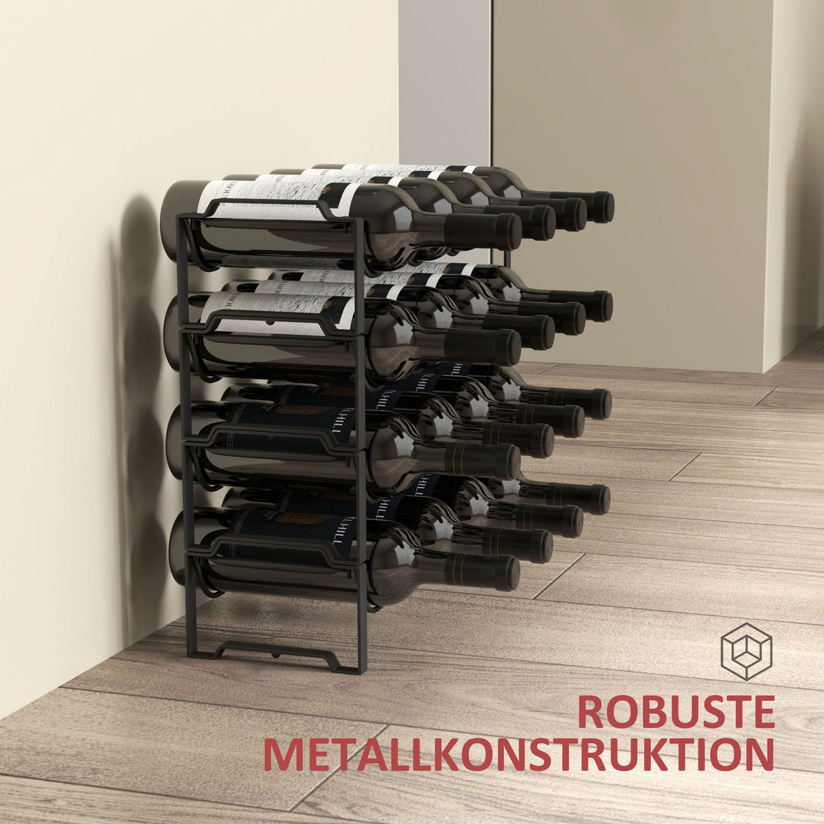 Wine Rack Bottle Rack for 16 Wine Bottles, Bottle Holder Storage Rack Made of Metal, Wine Bottle Rack for Kitchen, Dining Room Black