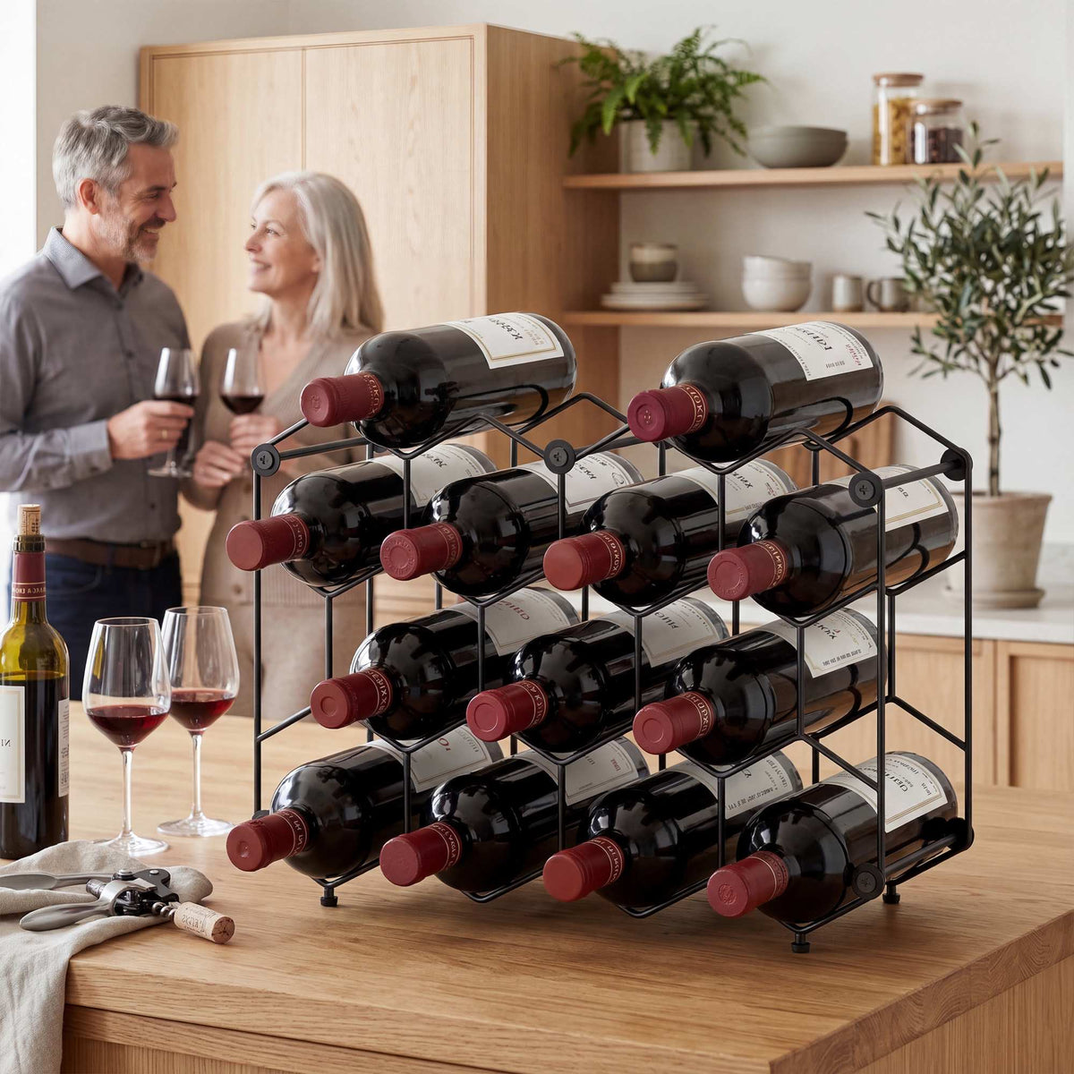 Wine Rack for 13 Bottles, Metal, Adjustable Feet, Black