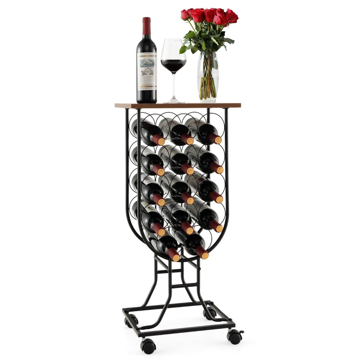 Wine Rack for 14 Bottles with Lockable Wheels, Metal Frame