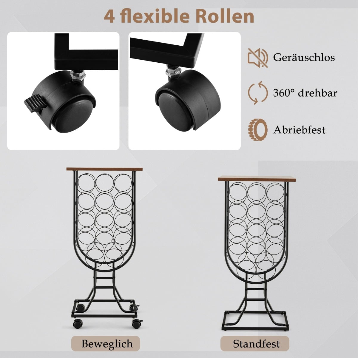 Wine Rack for 14 Bottles with Lockable Wheels, Metal Frame