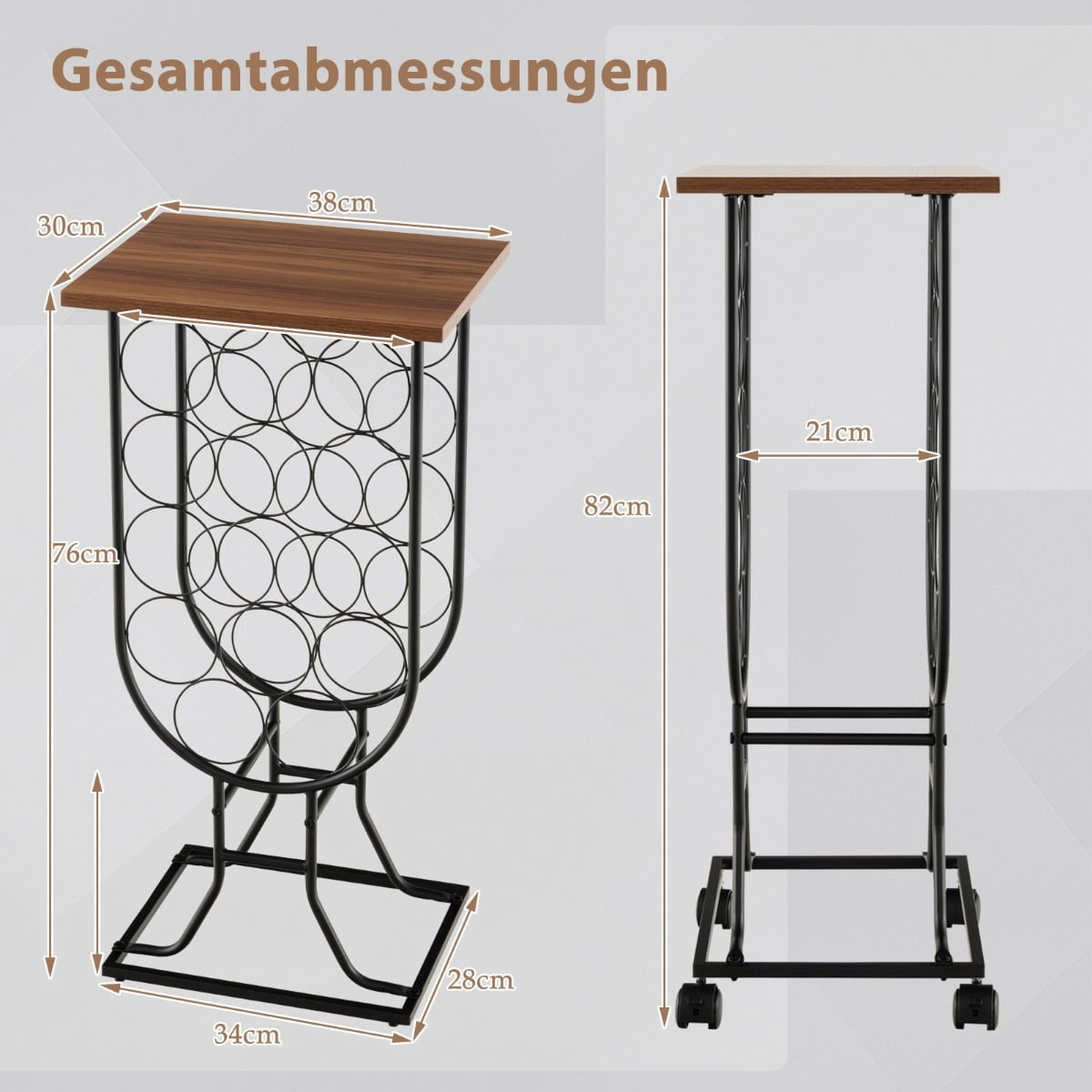 Wine Rack for 14 Bottles with Lockable Wheels, Metal Frame