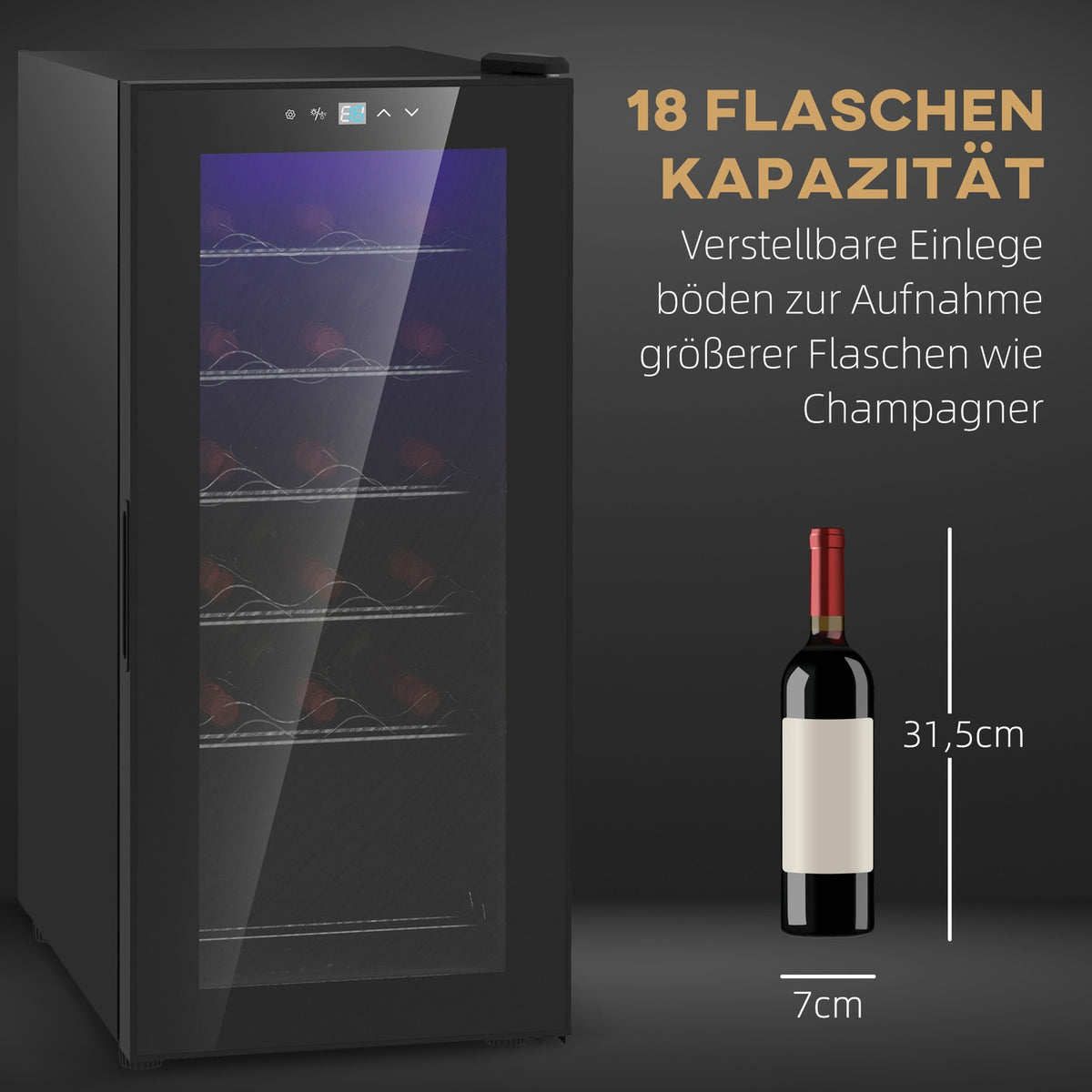 Wine fridge, compressor for 18 bottles, 50 L drinks fridge with glass door, 5-18°, bottle fridge with touch switch