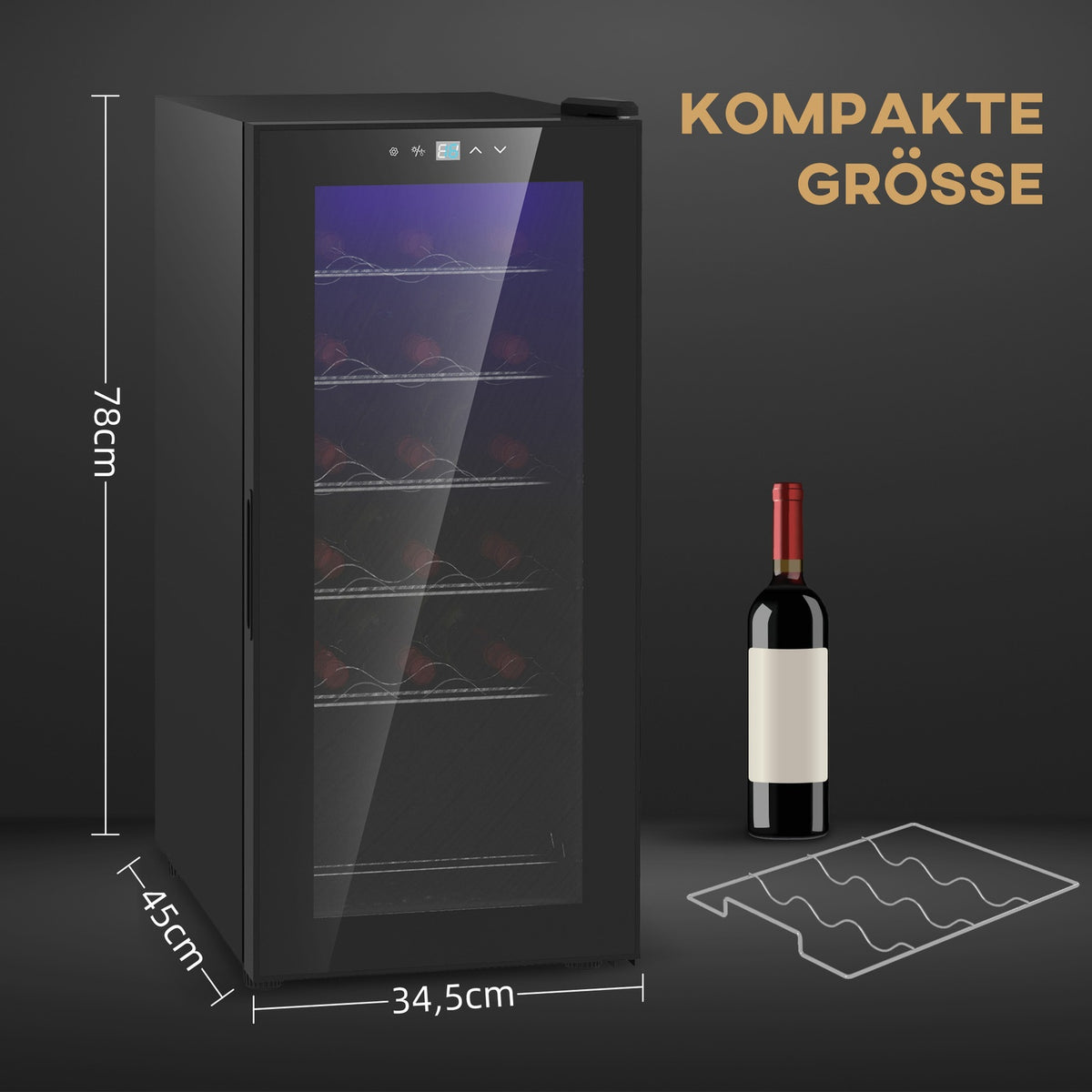 Wine fridge, compressor for 18 bottles, 50 L drinks fridge with glass door, 5-18°, bottle fridge with touch switch
