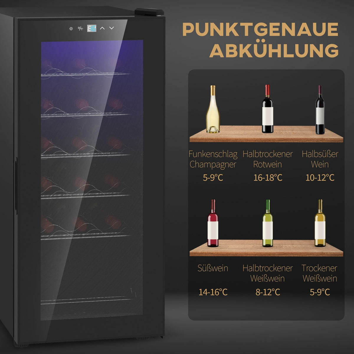 Wine fridge, compressor for 18 bottles, 50 L drinks fridge with glass door, 5-18°, bottle fridge with touch switch