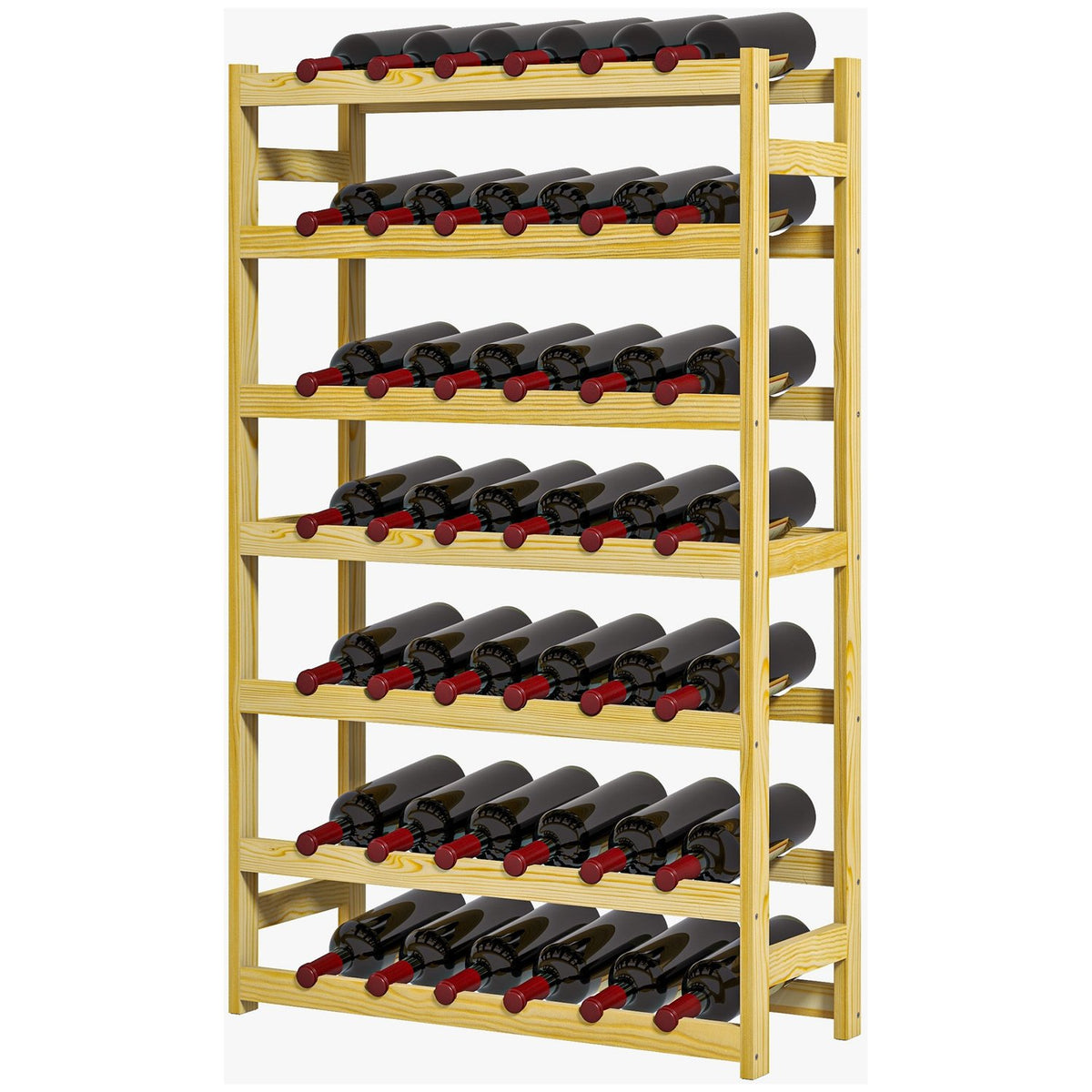 Wine rack, 63 x 25 x 102 cm, bottle rack for 42 wine bottles, with 7 levels, standing shelf, wine holder with anti-tip protection, wood, natural