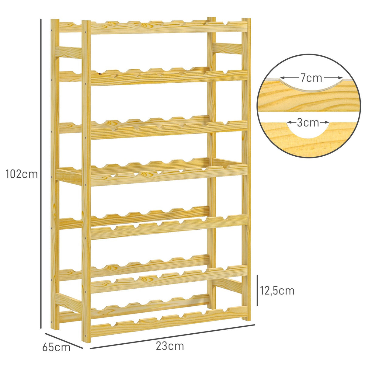 Wine rack, 63 x 25 x 102 cm, bottle rack for 42 wine bottles, with 7 levels, standing shelf, wine holder with anti-tip protection, wood, natural