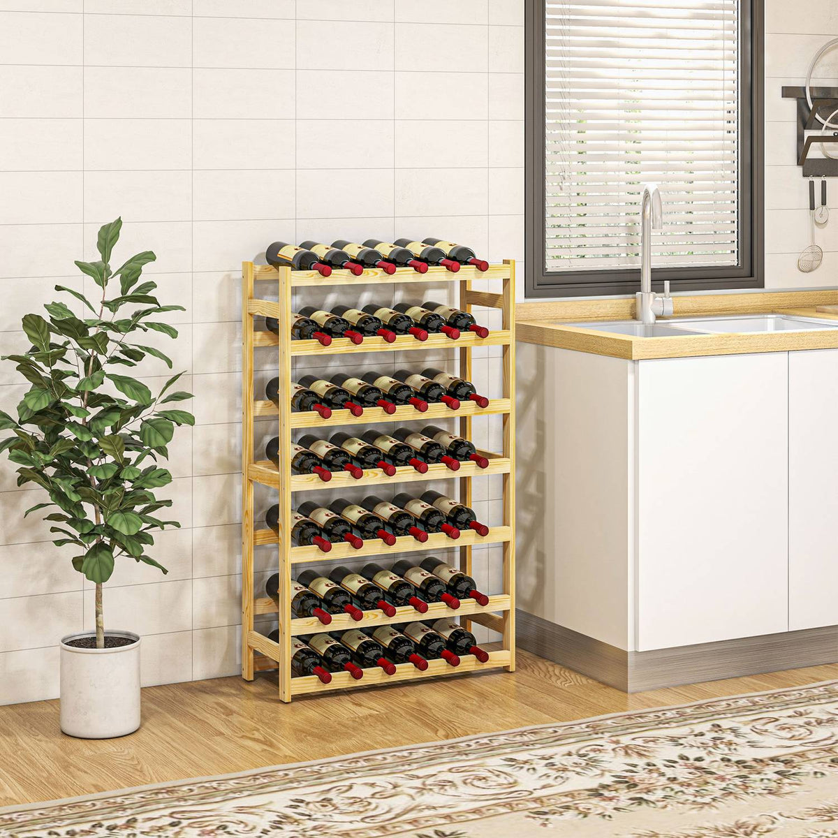 Wine rack, 63 x 25 x 102 cm, bottle rack for 42 wine bottles, with 7 levels, standing shelf, wine holder with anti-tip protection, wood, natural