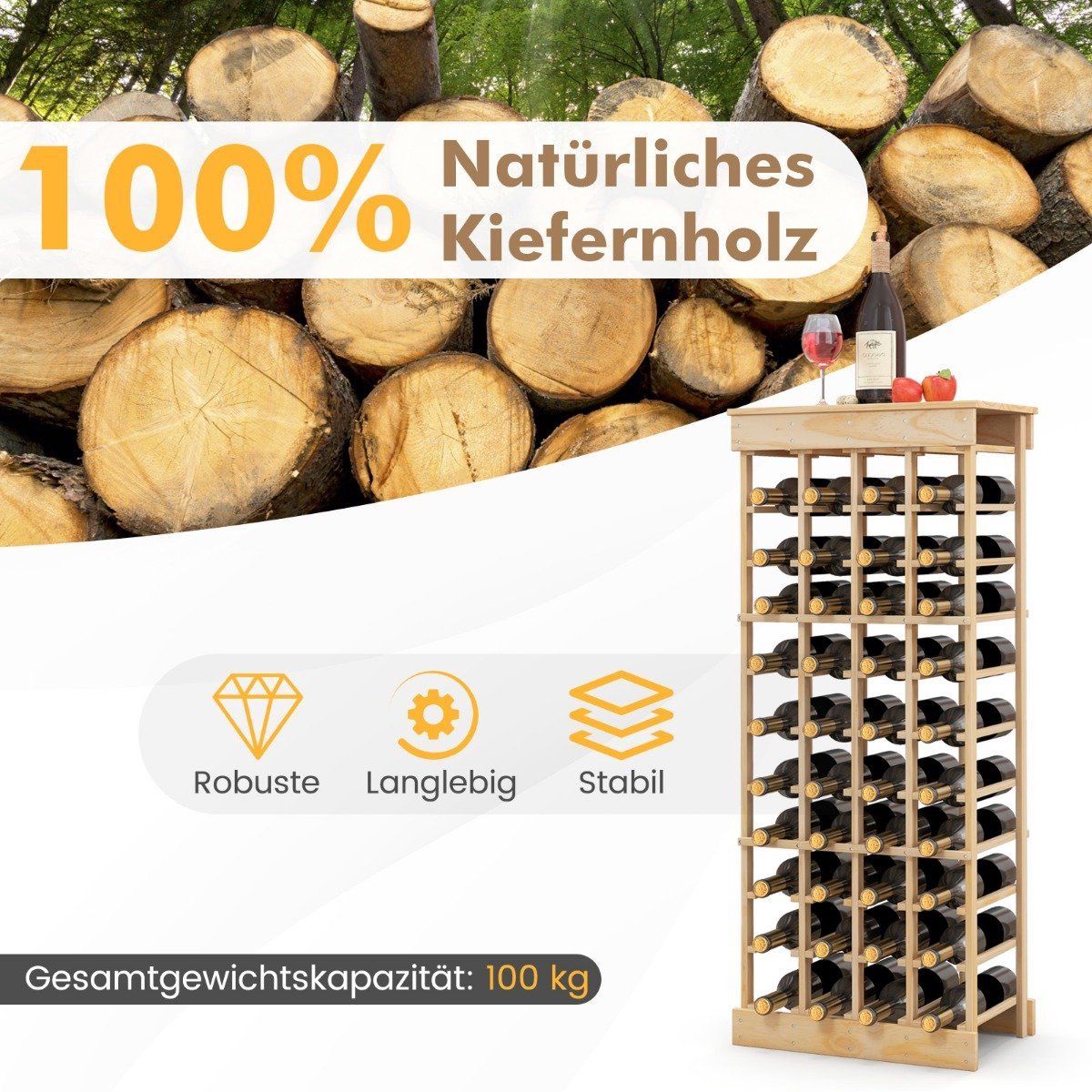 Wine rack made of solid wood for 40 bottles with anti-tip protection, wine holder, natural