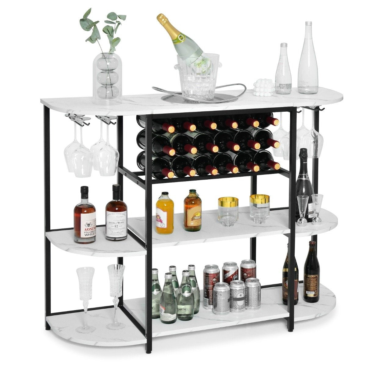 Wine rack with glass holder & shelves 3 levels bottle rack for 18 wine bottles & 8 glasses 120 x 40 x 91 cm white