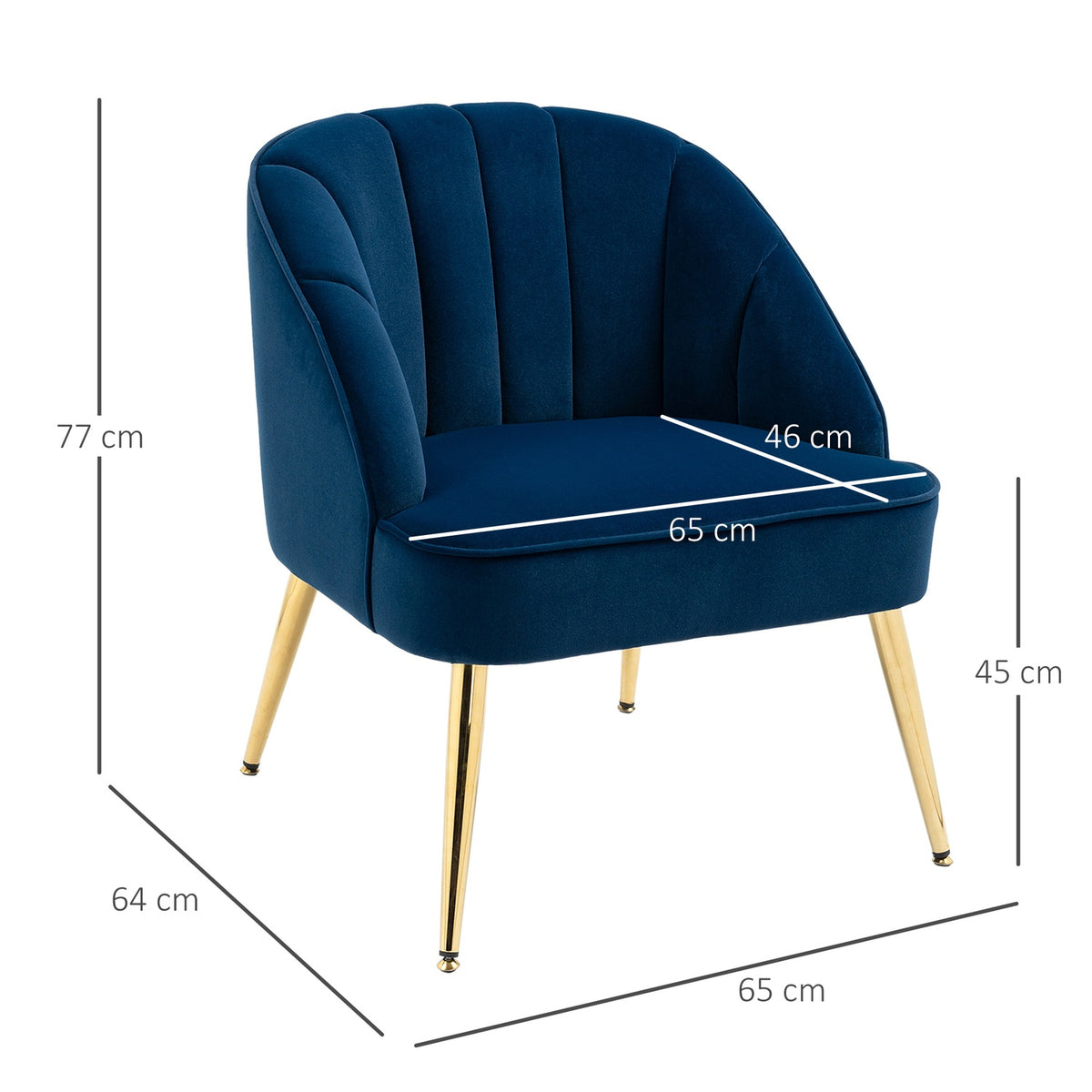 Wing Chair, Lounge Chair, Upholstered Chair With Velvet Look, Relaxation Chair, Armchair With Steel Legs, Make-Up Chair, Dark Blue, 65 X 64 X 77 Cm