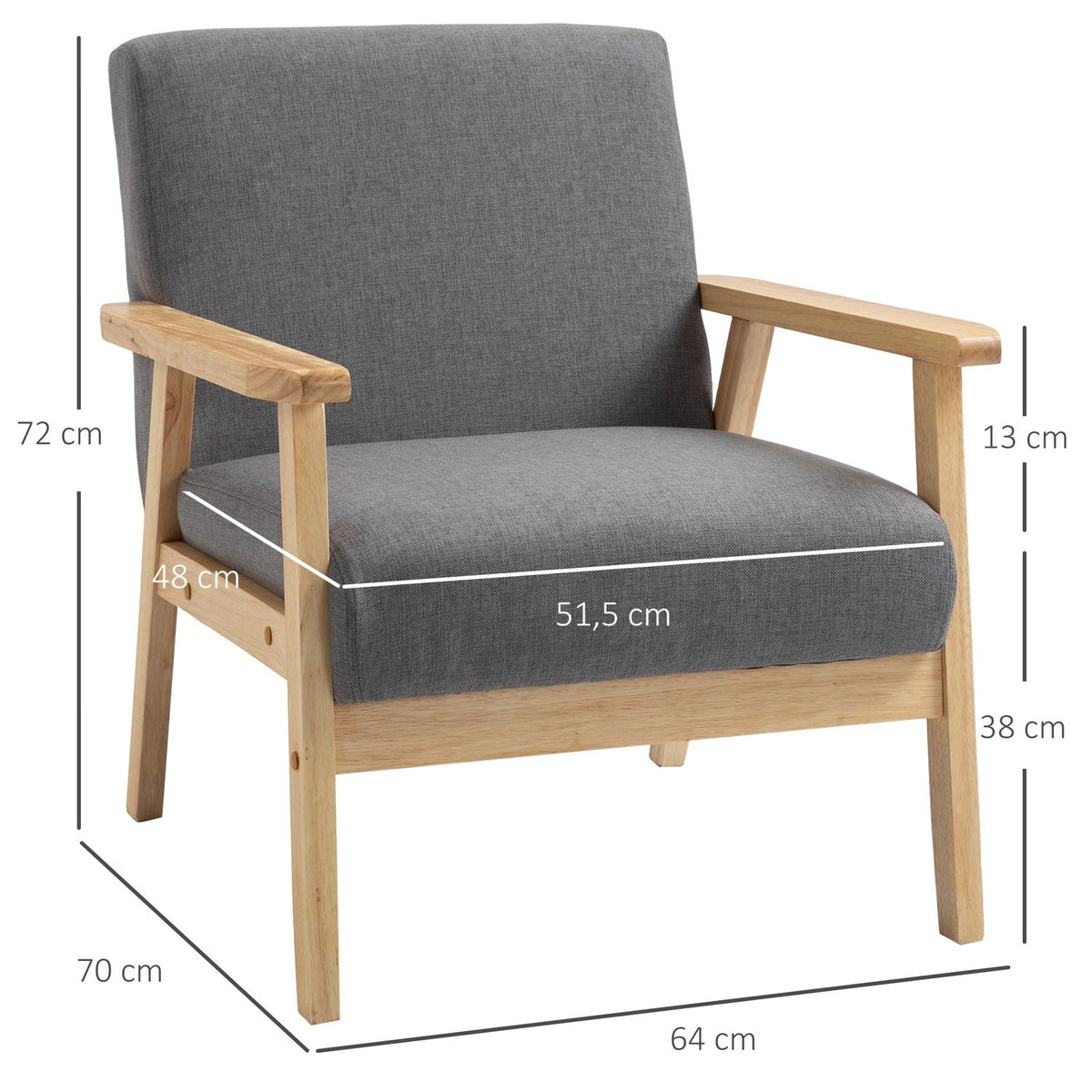 Wing Chair, Lounge Chair With Armrests, Dining Chair, Relaxation Chair In Linen Look, Upholstered Chair, Solid Wood Frame, Gray, 64 X 70 X 72 Cm