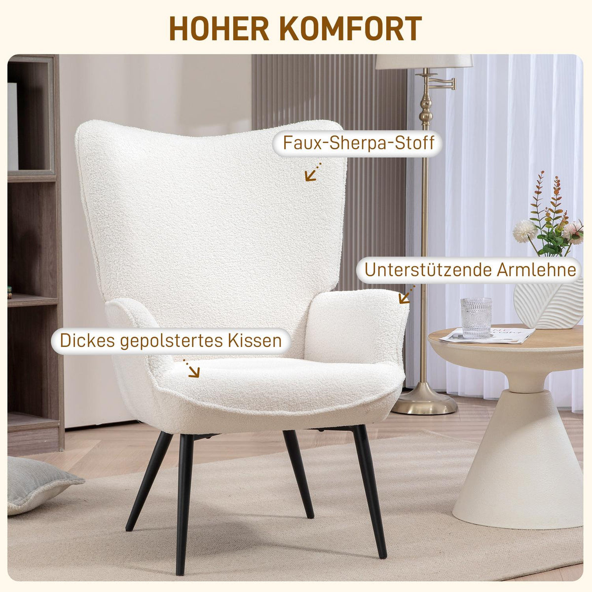 Wing Chair, Padded Relax Chair with Armrest, Metal Legs, Lounge Chair for Living Room, Bedroom, Cream White