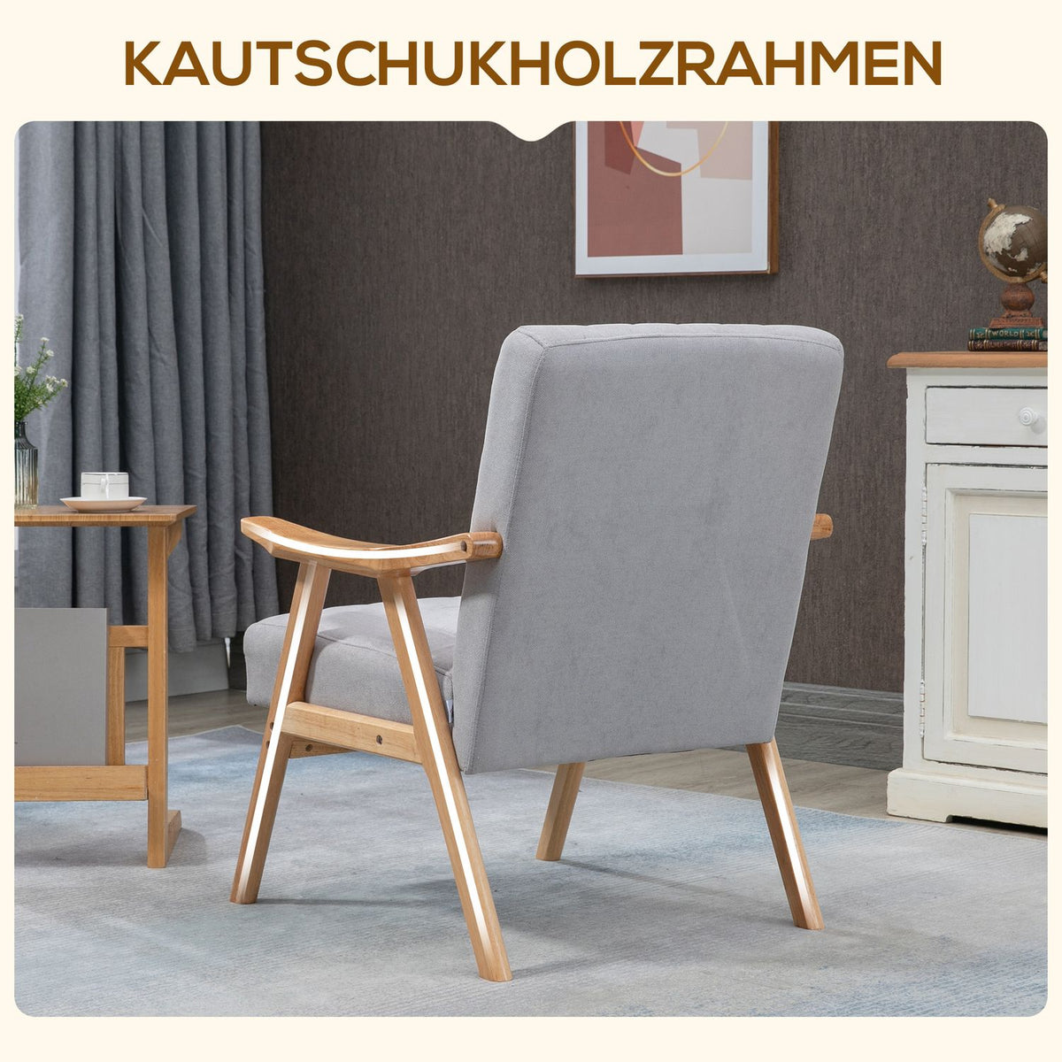 Wing Chair, Upholstered Chair With Armrests, Lounge Chair In Velvet Look, Relaxation Chair With Scandi Design, Armchair, Rubber Wood Legs, Light Gray