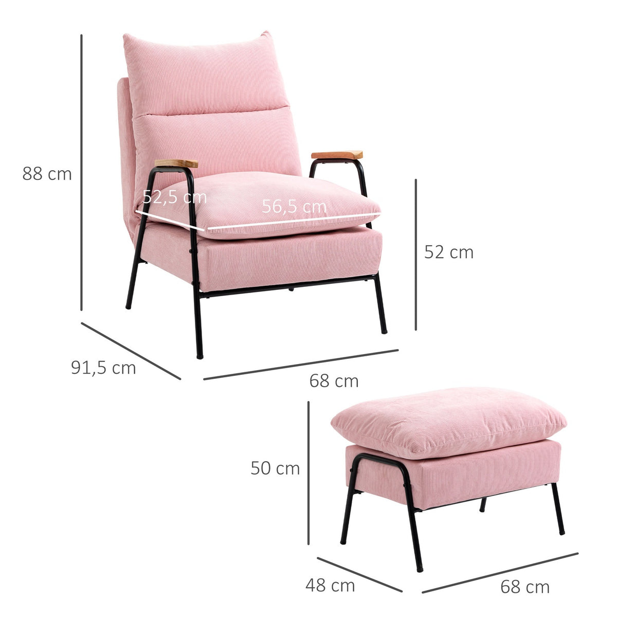 Wing Chair With Stool And Reclining Backrest, Relaxation Chair, Tv Chair, Upholstered Chair, Pink, 68X91.5X88Cm