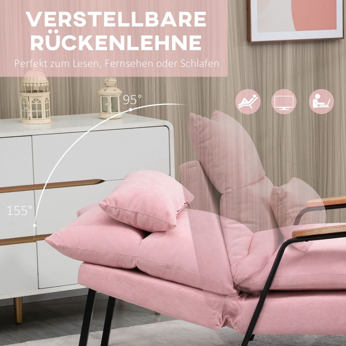 Wing Chair With Stool And Reclining Backrest, Relaxation Chair, Tv Chair, Upholstered Chair, Pink, 68X91.5X88Cm