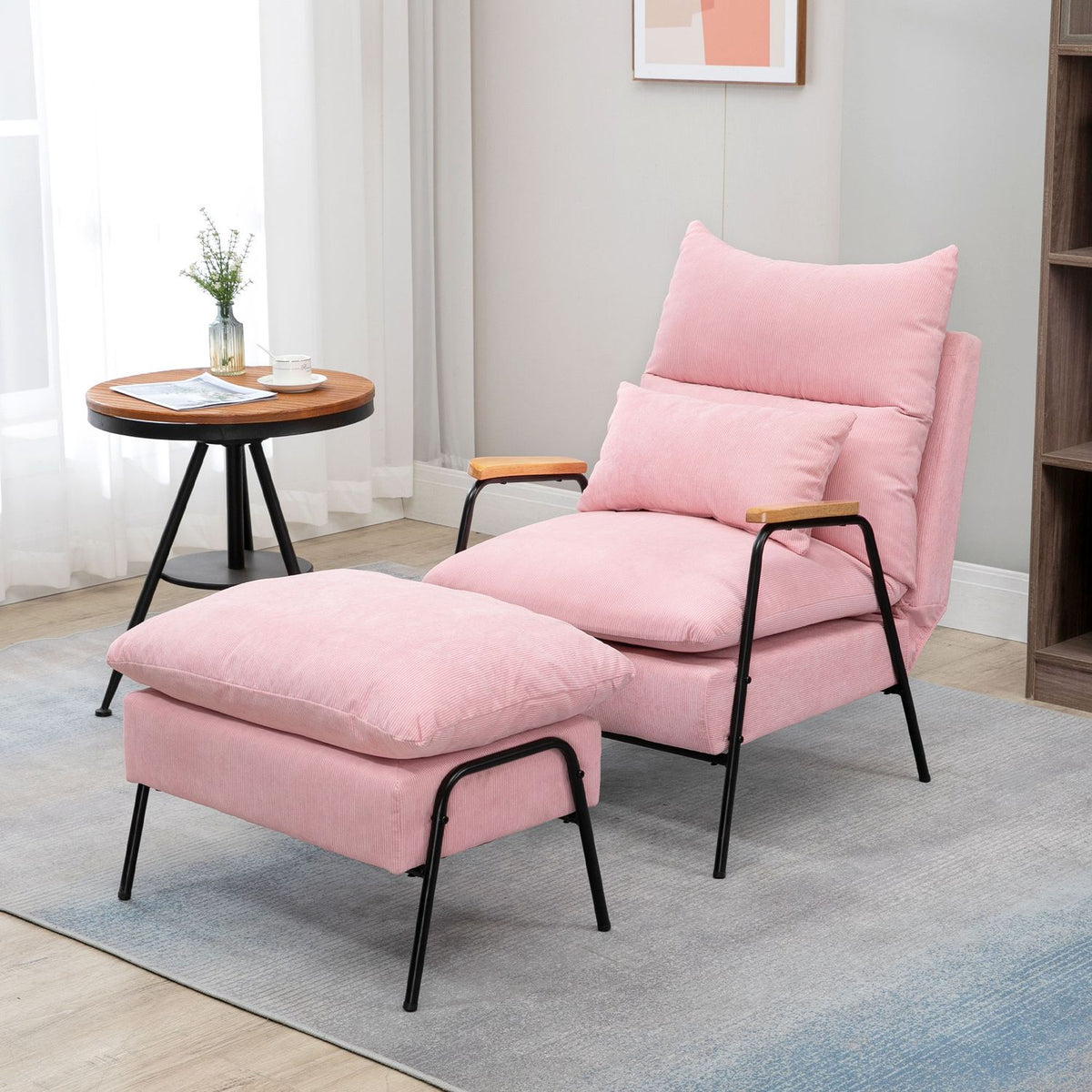 Wing Chair With Stool And Reclining Backrest, Relaxation Chair, Tv Chair, Upholstered Chair, Pink, 68X91.5X88Cm