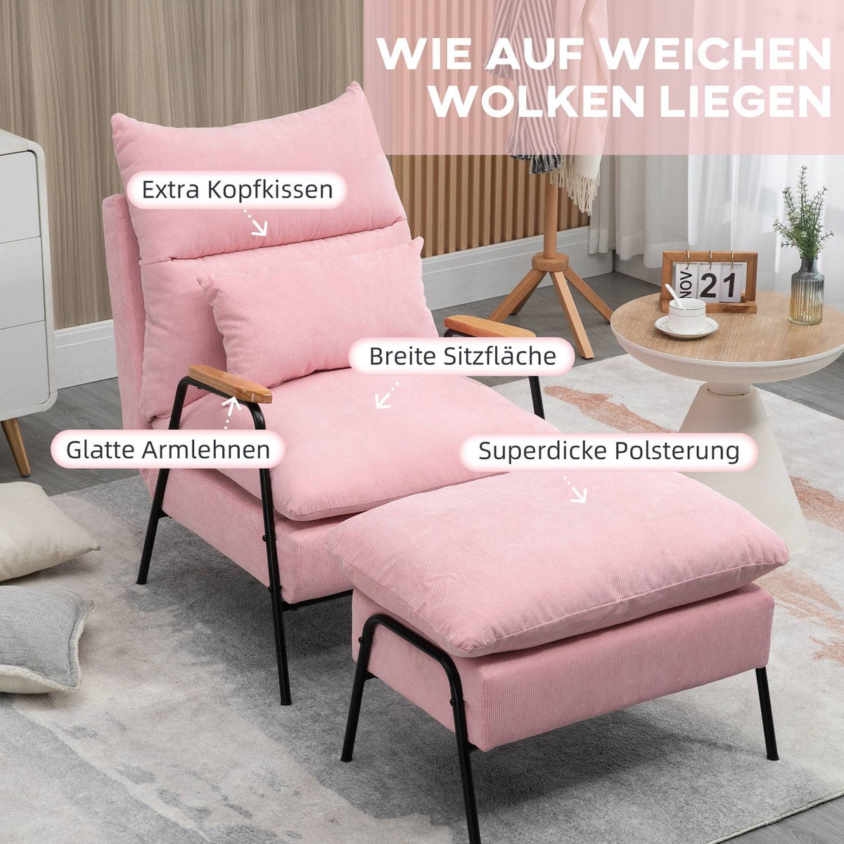 Wing Chair With Stool And Reclining Backrest, Relaxation Chair, Tv Chair, Upholstered Chair, Pink, 68X91.5X88Cm