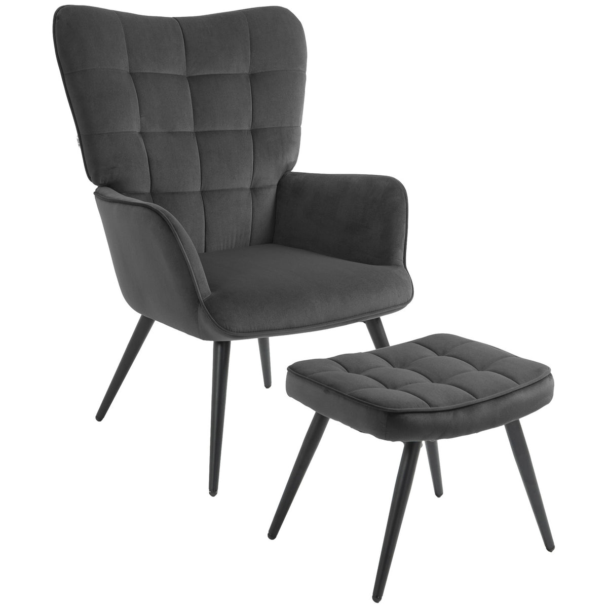 Wing Chair With Stool, Lounge Chair, Relaxation Chair, Upholstered Chair With Velvet Look Up To 120 Kg, For Living Room, Dark Gray