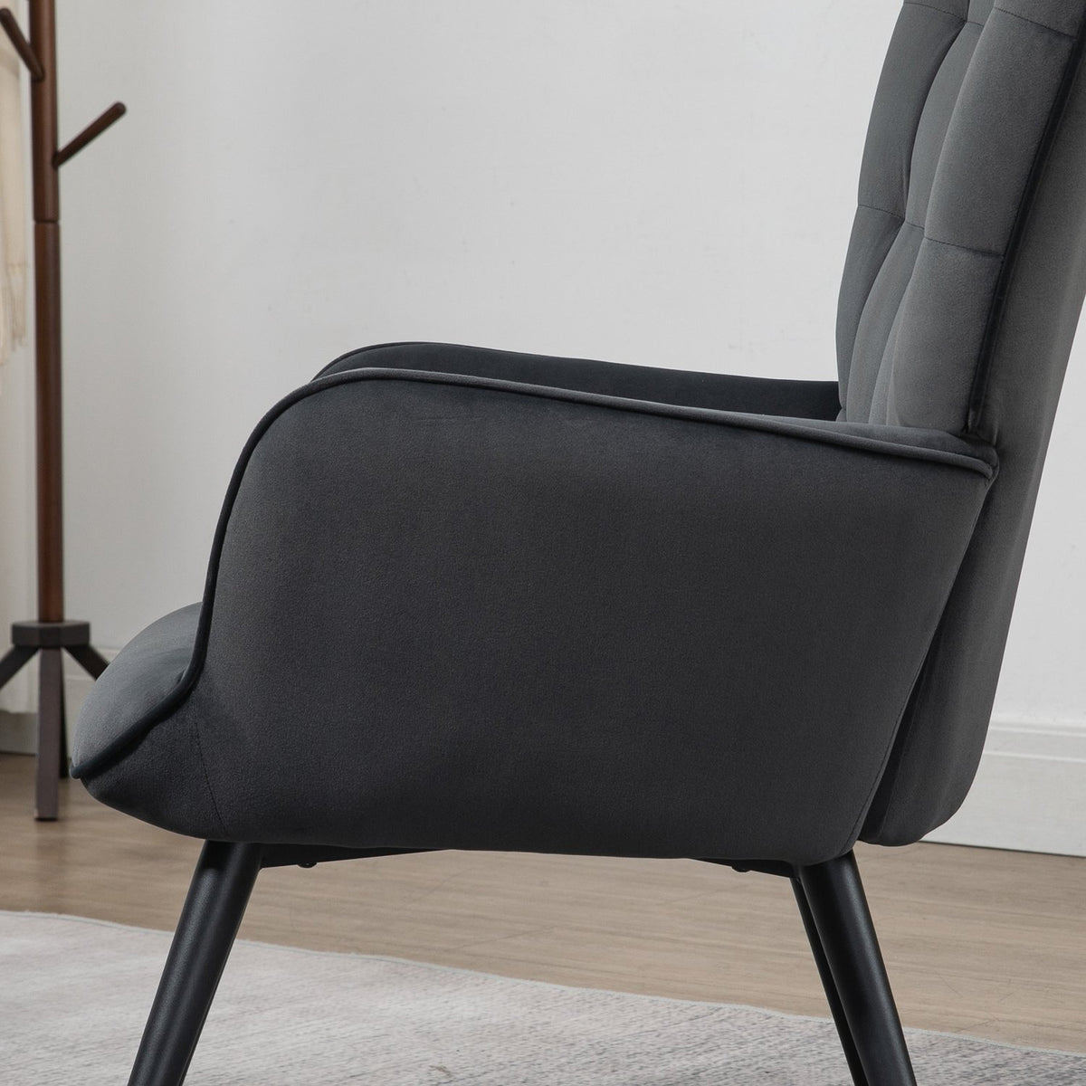 Wing Chair With Stool, Lounge Chair, Relaxation Chair, Upholstered Chair With Velvet Look Up To 120 Kg, For Living Room, Dark Gray