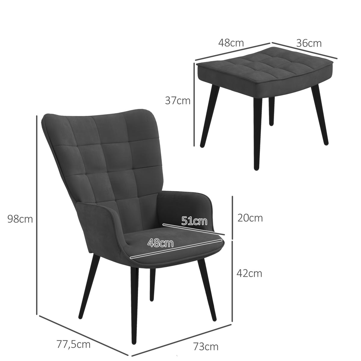Wing Chair With Stool, Lounge Chair, Relaxation Chair, Upholstered Chair With Velvet Look Up To 120 Kg, For Living Room, Dark Gray