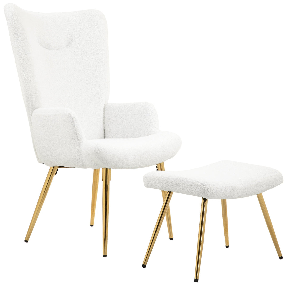 Wing Chair with Stool, Chair with Sherpa Cover, High Back, Lounge Chair with Armrest, Steel Legs for Living Room, Bedroom, White