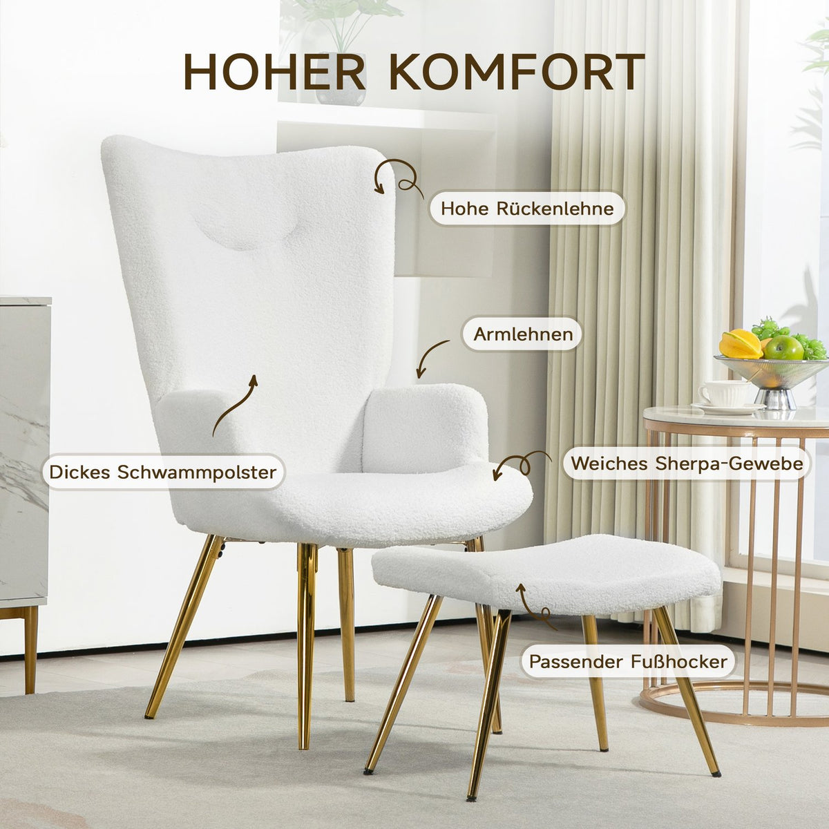 Wing Chair with Stool, Chair with Sherpa Cover, High Back, Lounge Chair with Armrest, Steel Legs for Living Room, Bedroom, White