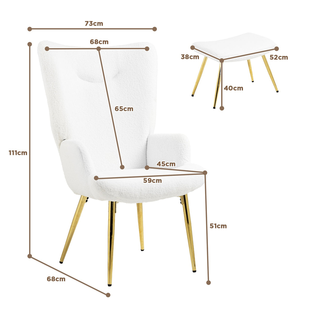 Wing Chair with Stool, Chair with Sherpa Cover, High Back, Lounge Chair with Armrest, Steel Legs for Living Room, Bedroom, White
