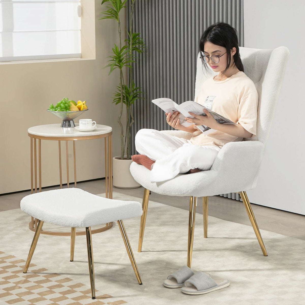 Wing Chair with Stool, Chair with Sherpa Cover, High Back, Lounge Chair with Armrest, Steel Legs for Living Room, Bedroom, White
