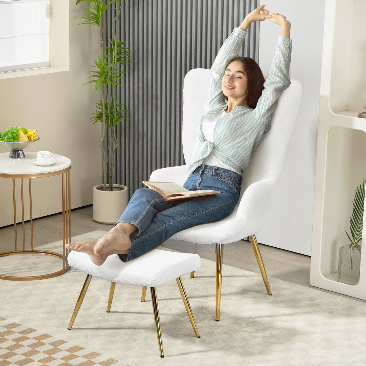 Wing Chair with Stool, Chair with Sherpa Cover, High Back, Lounge Chair with Armrest, Steel Legs for Living Room, Bedroom, White