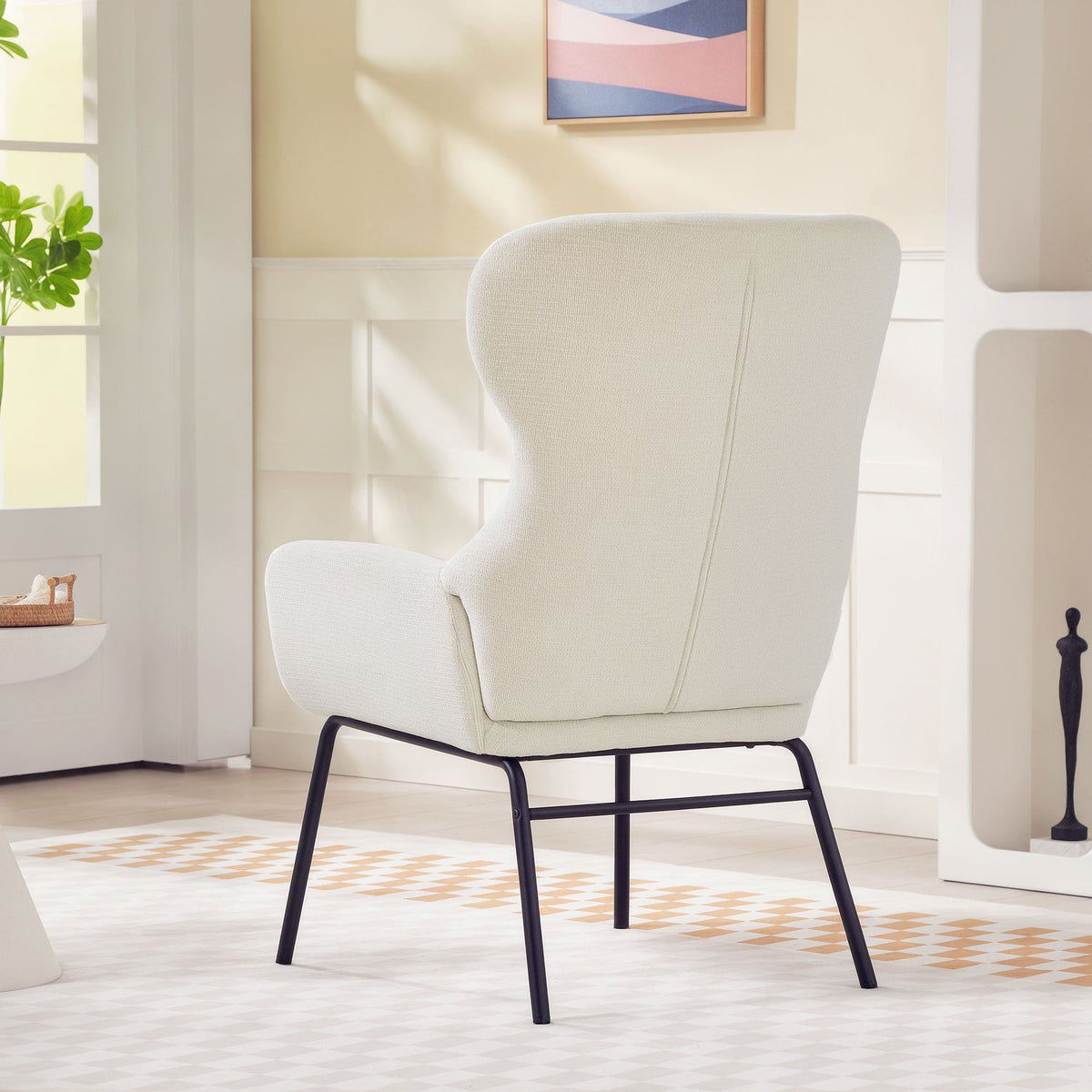 Wingback Chair, High Back, Thick Cushion, Steel Legs, Cream