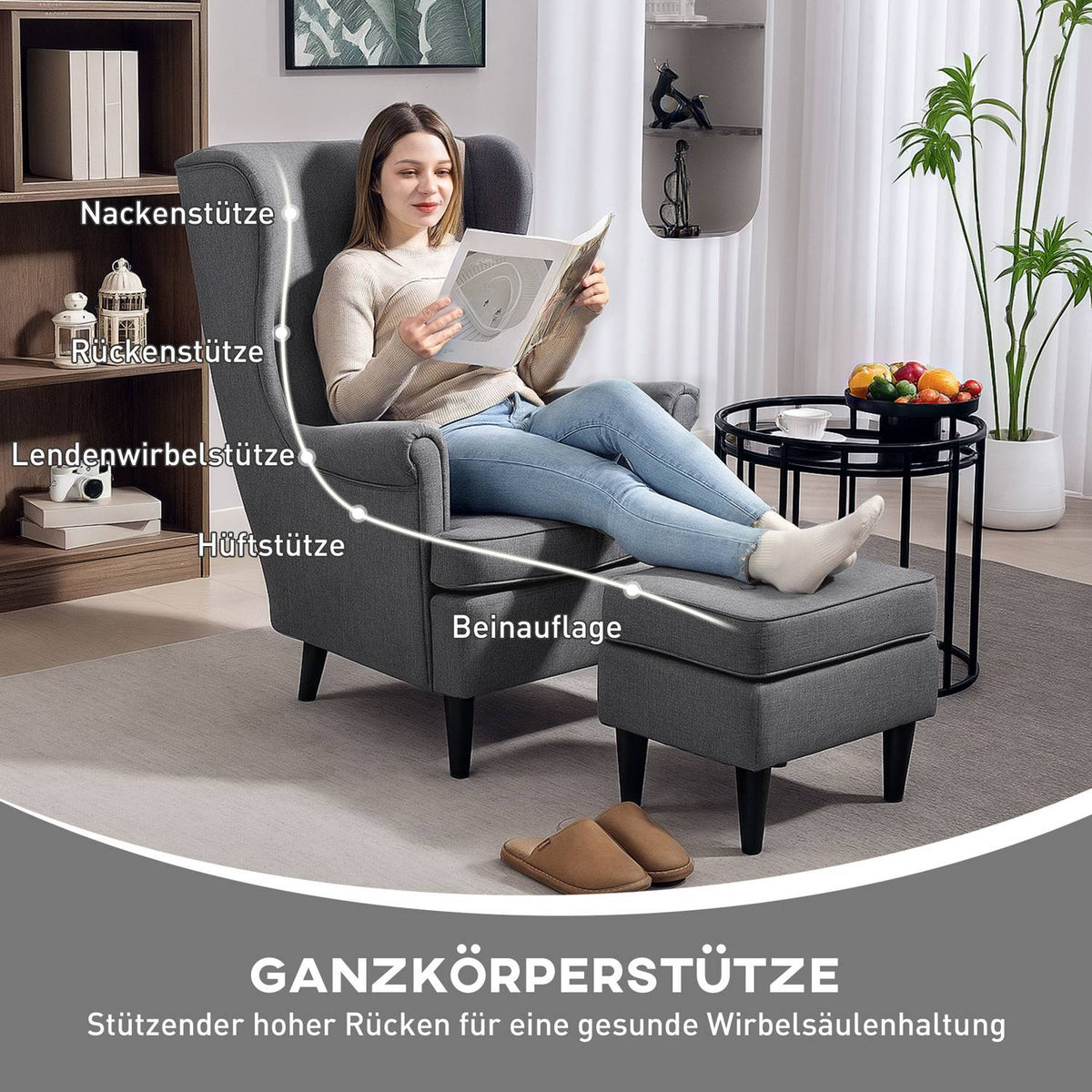 Wingback Chair with Ottoman, Gray Fabric, Rubberwood Legs