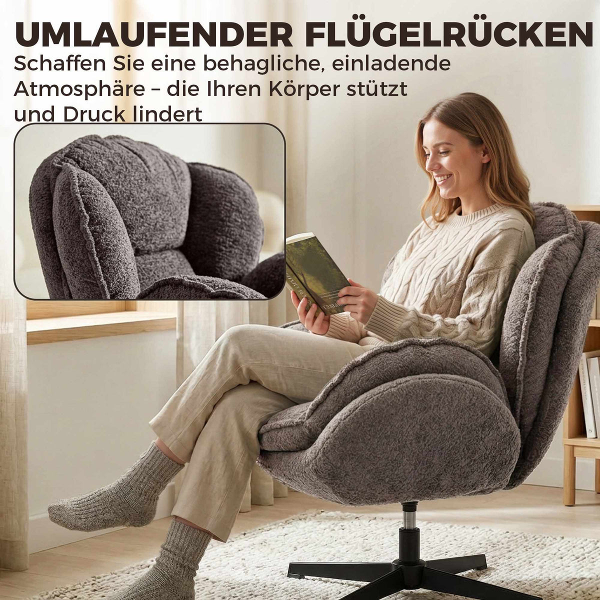Wingback Velvet Armchair with 360 Swivel, Grey