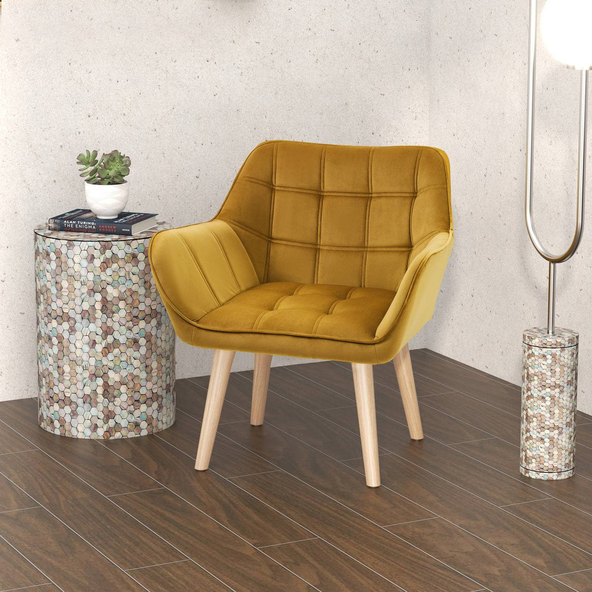 Wing chair single chair relaxation chair with velvet, Scandinavian, raised legs, velvet-like polyester, yellow 67x61.5x71 cm