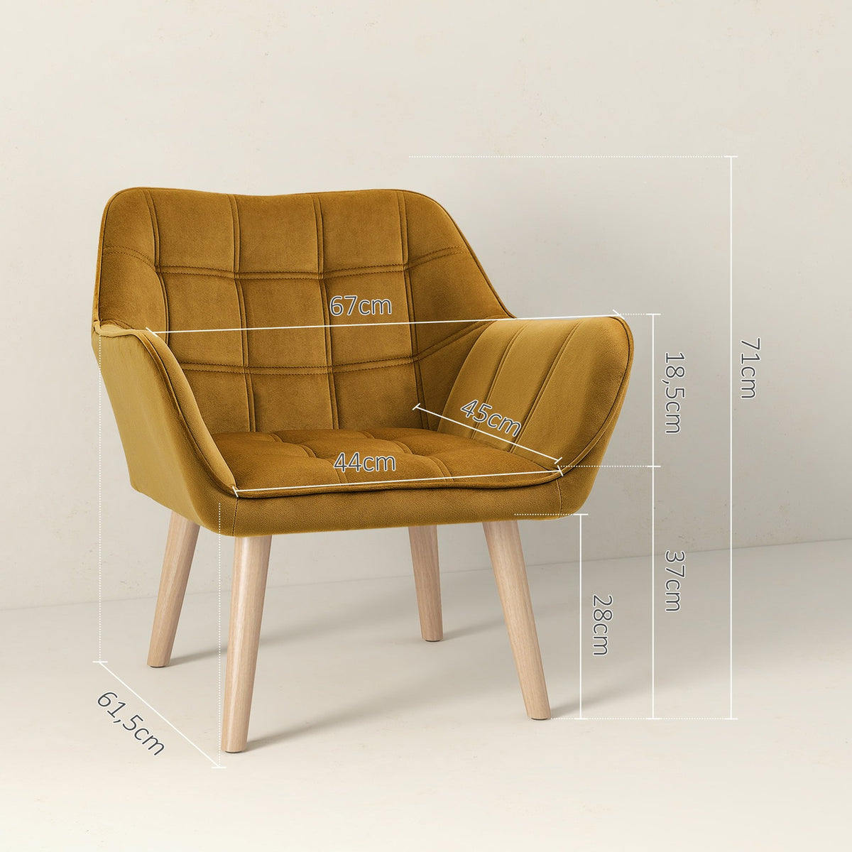 Wing chair single chair relaxation chair with velvet, Scandinavian, raised legs, velvet-like polyester, yellow 67x61.5x71 cm