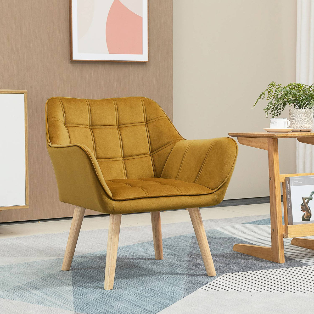 Wing chair single chair relaxation chair with velvet, Scandinavian, raised legs, velvet-like polyester, yellow 67x61.5x71 cm
