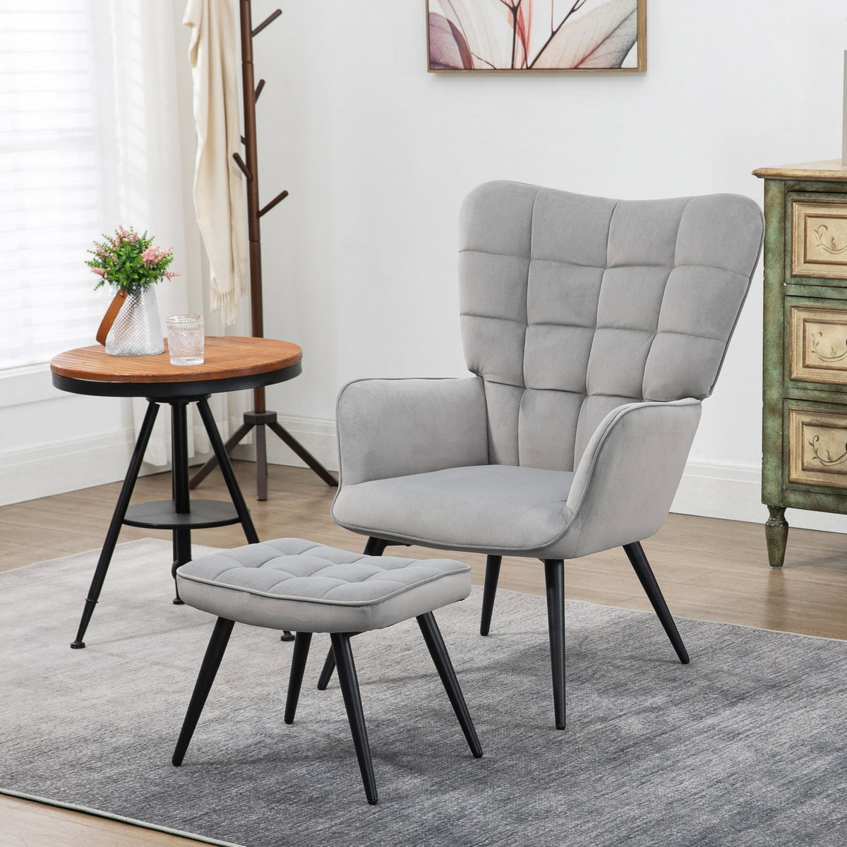 Wing chair with stool, lounge chair, relaxation chair, upholstered chair with velvet look, TV chair, dining room chair up to 120 kg, light gray