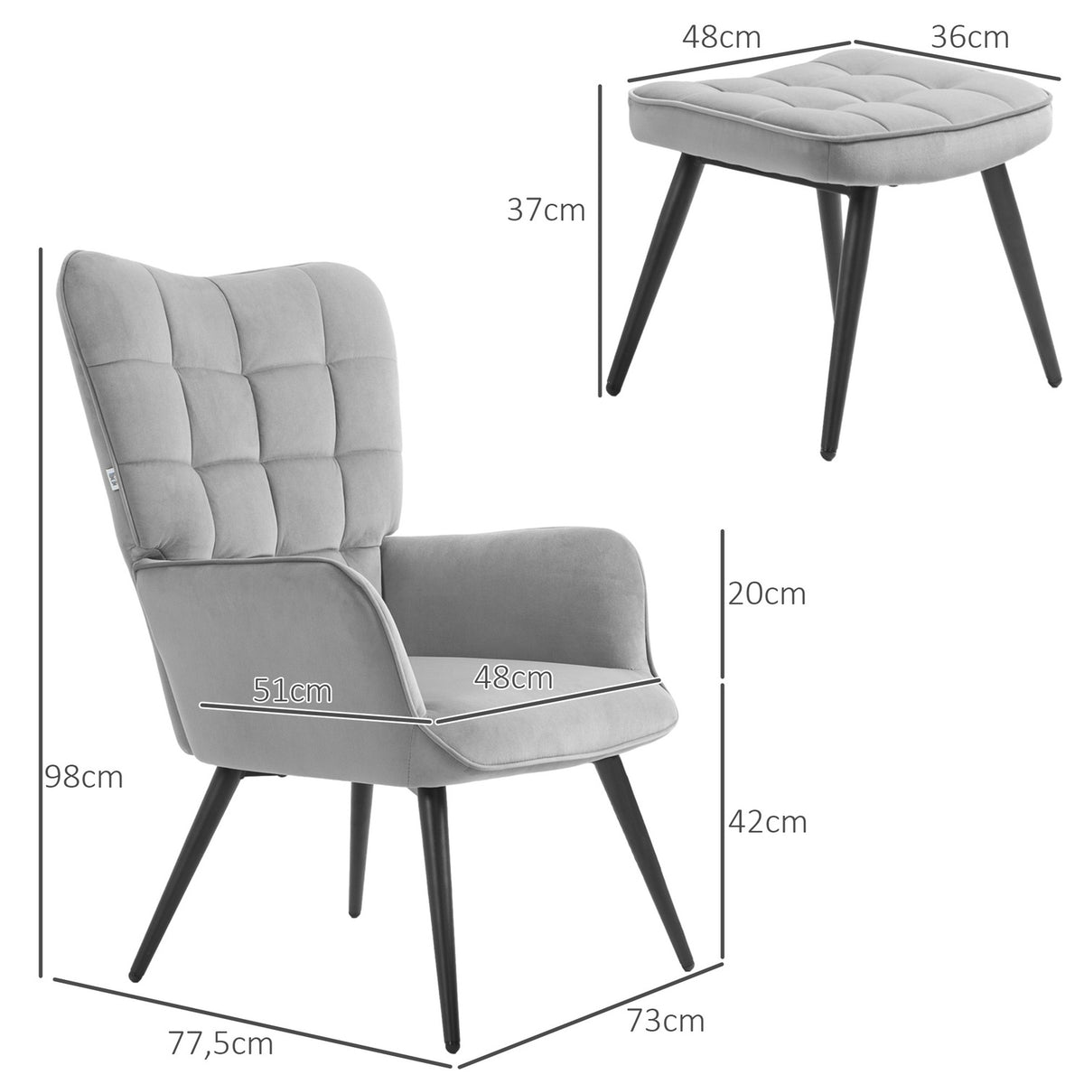 Wing chair with stool, lounge chair, relaxation chair, upholstered chair with velvet look, TV chair, dining room chair up to 120 kg, light gray