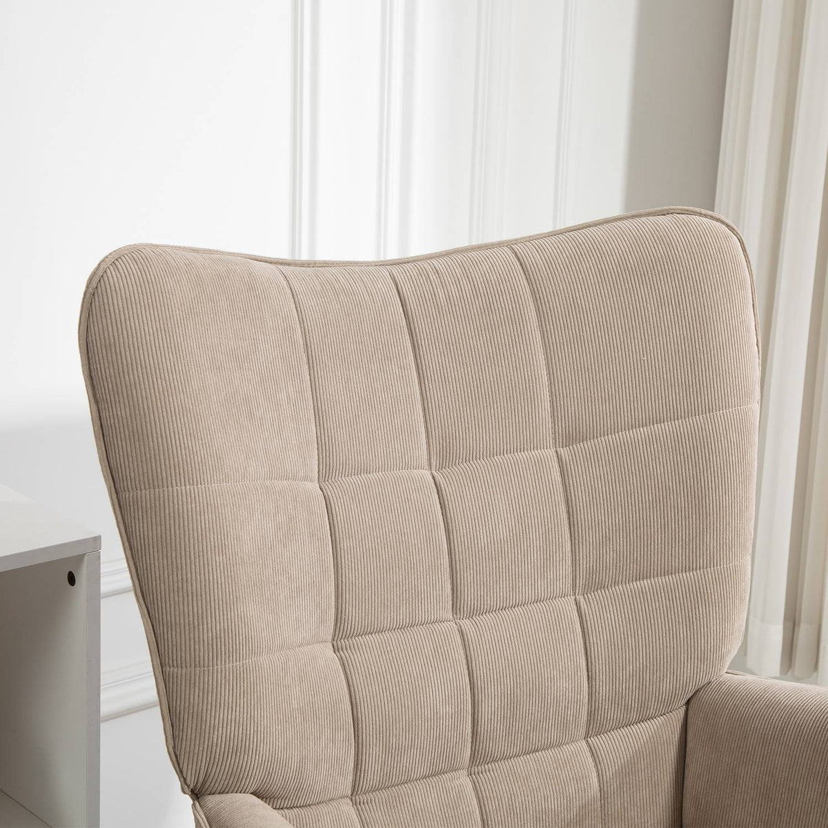 Wing chair with stool, relaxation chair, upholstered chair in corduroy look, lounge chair, armchair with wooden legs, TV chair for living room, brown