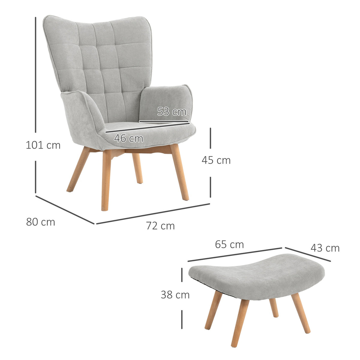 Wing chair with stool, relaxation chair, upholstered chair in corduroy look, lounge chair, armchair with wooden legs, TV chair for living room, gray