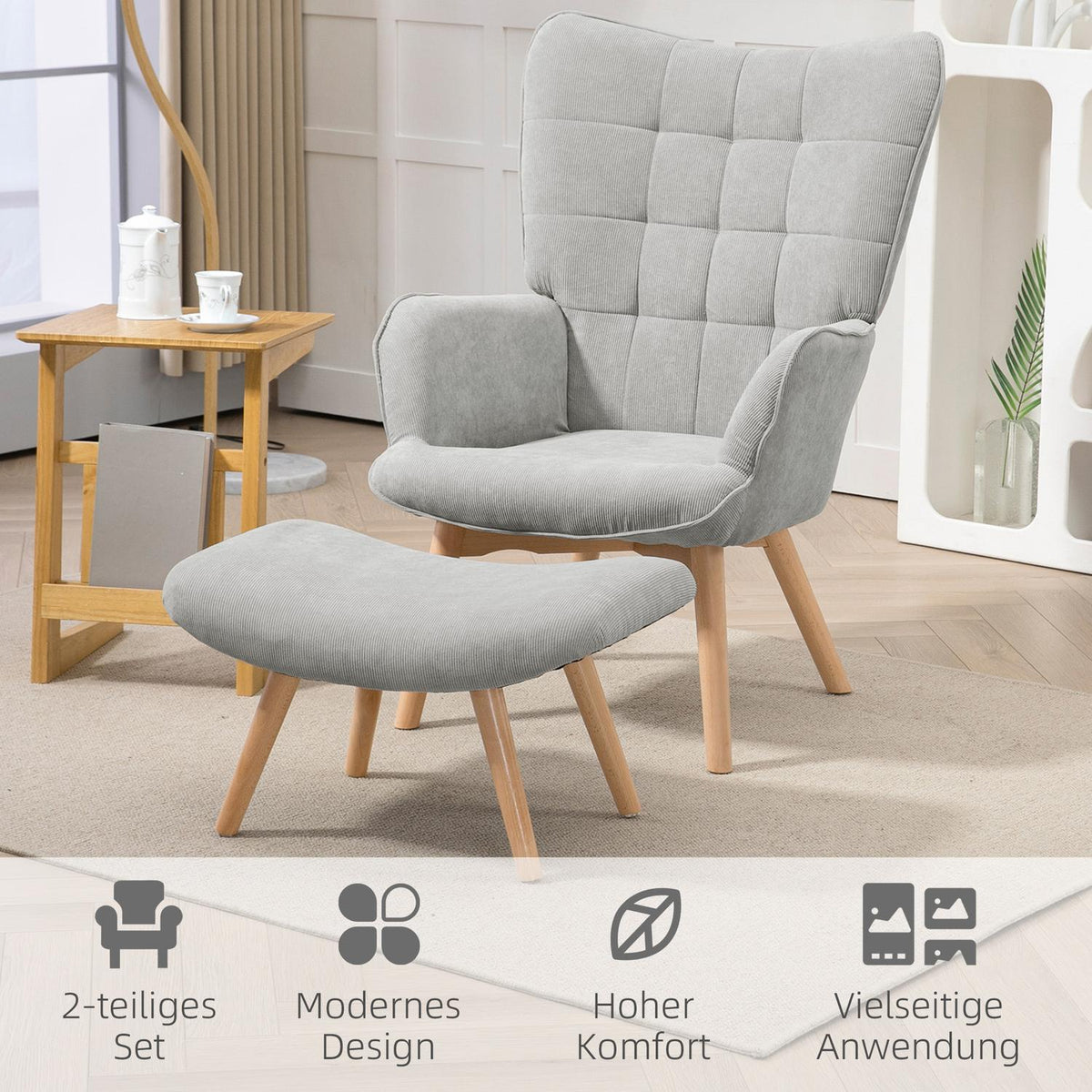 Wing chair with stool, relaxation chair, upholstered chair in corduroy look, lounge chair, armchair with wooden legs, TV chair for living room, gray