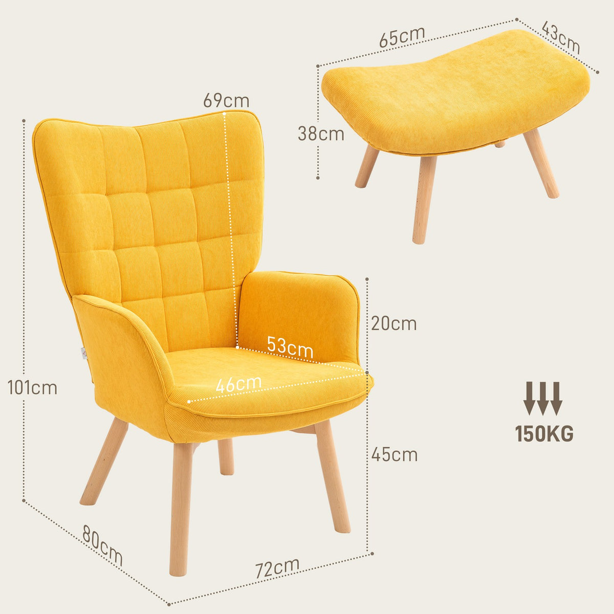 Wing chair with stool, relaxation chair, upholstered chair in corduroy look, lounge chair, armchair with wooden legs, TV chair for living room, orange