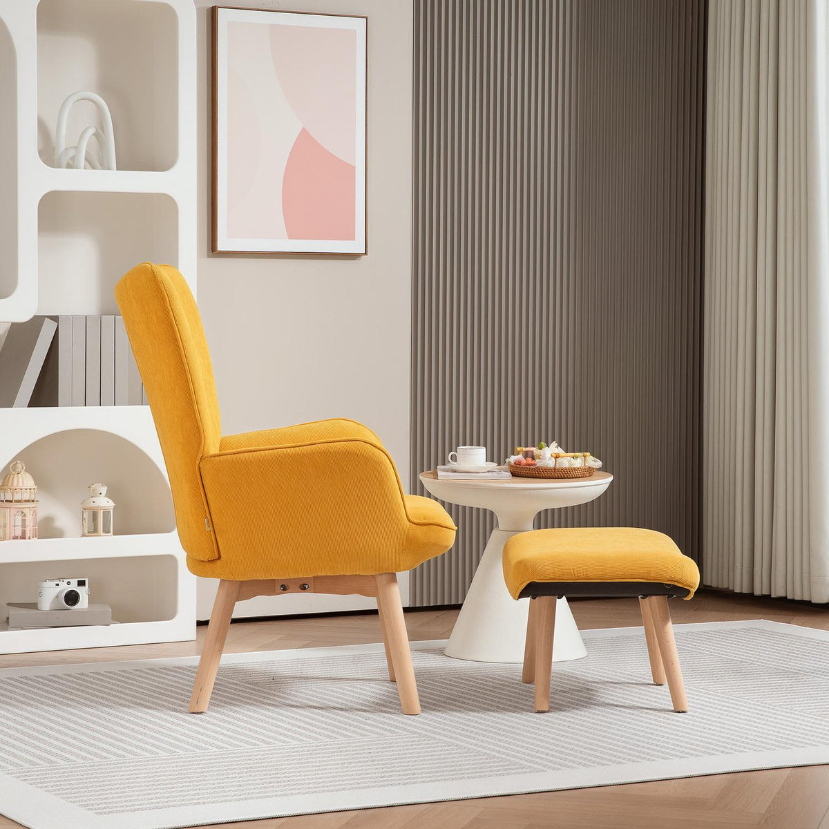 Wing chair with stool, relaxation chair, upholstered chair in corduroy look, lounge chair, armchair with wooden legs, TV chair for living room, orange