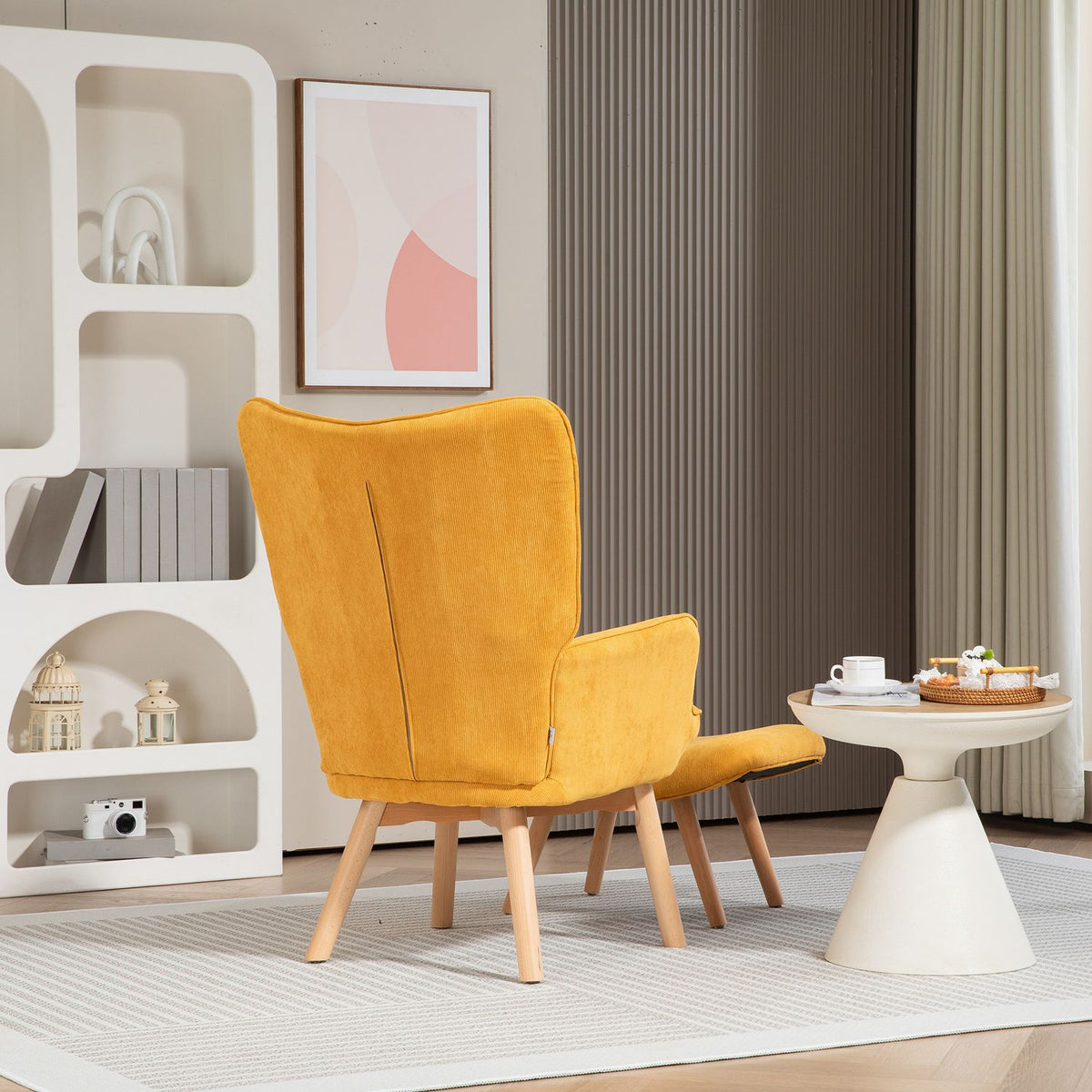 Wing chair with stool, relaxation chair, upholstered chair in corduroy look, lounge chair, armchair with wooden legs, TV chair for living room, orange